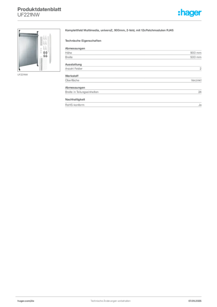 Bild Hager Produktdatenblatt UF221NW | Hager Deutschland