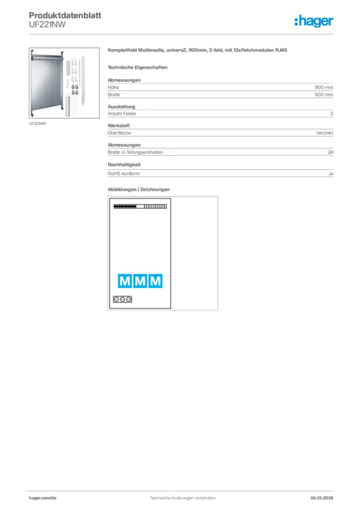 Bild Hager Produktdatenblatt UF221NW | Hager Deutschland