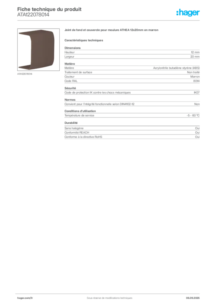 Image Hager Fiche technique du produit ATA122078014 | Hager France