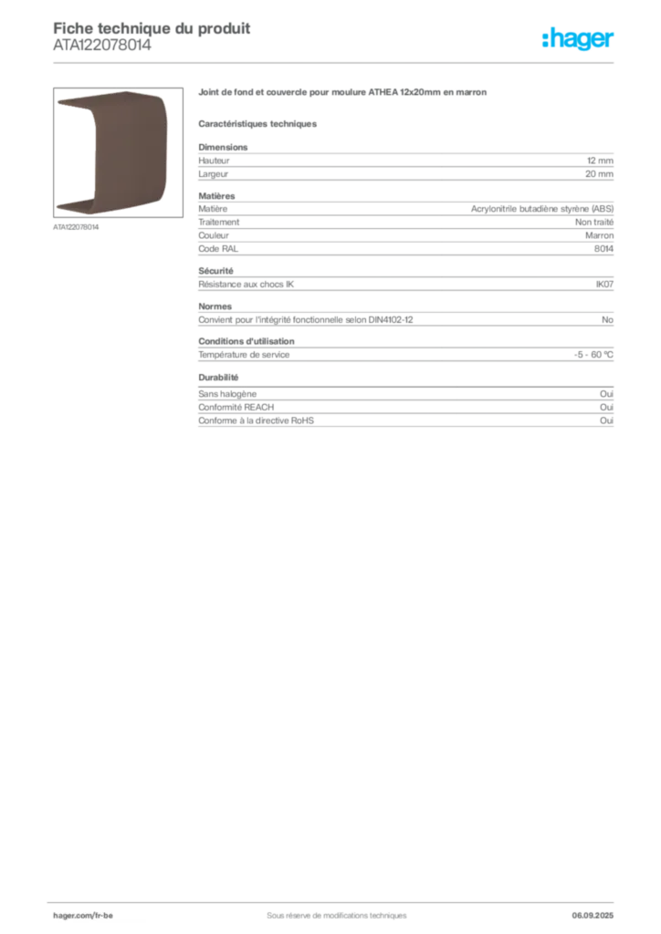 Image Hager Fiche technique du produit ATA122078014 | Hager Belgique