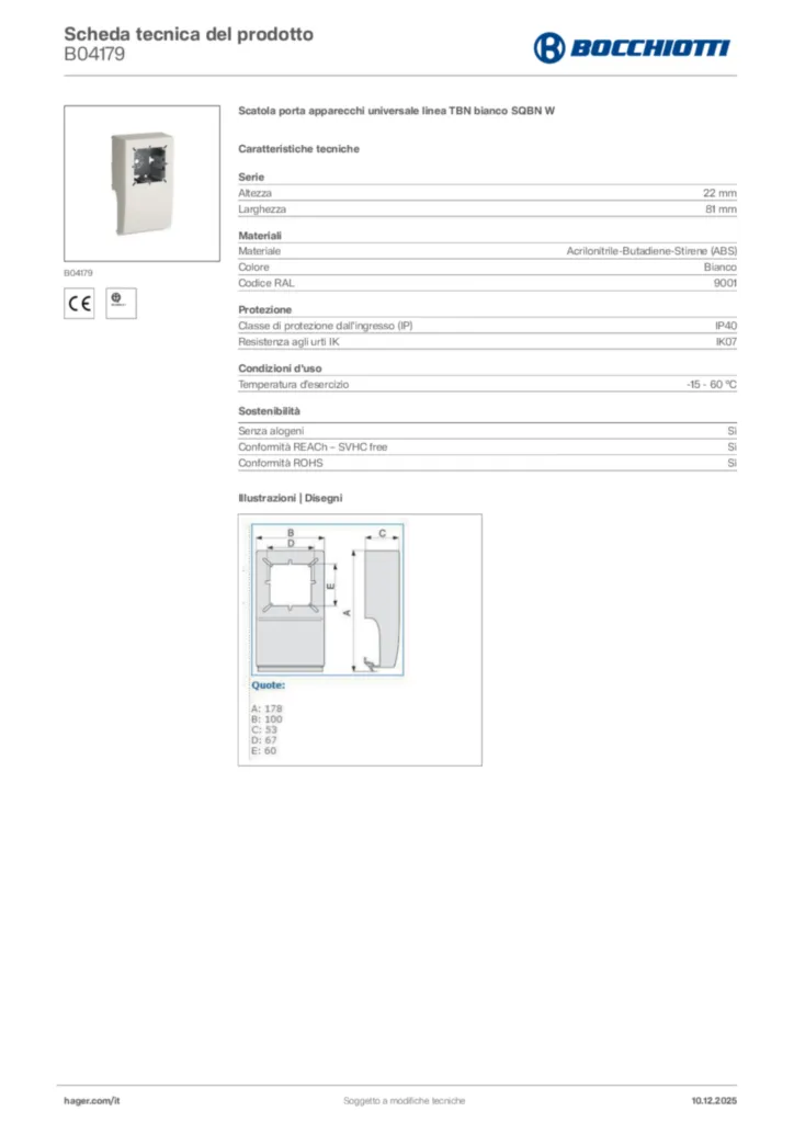 Immagine Bocchiotti Scheda tecnica del prodotto B04179 | Hager Italia
