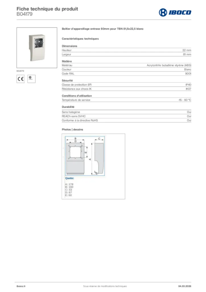 Image Iboco Fiche technique du produit B04179 | Hager France