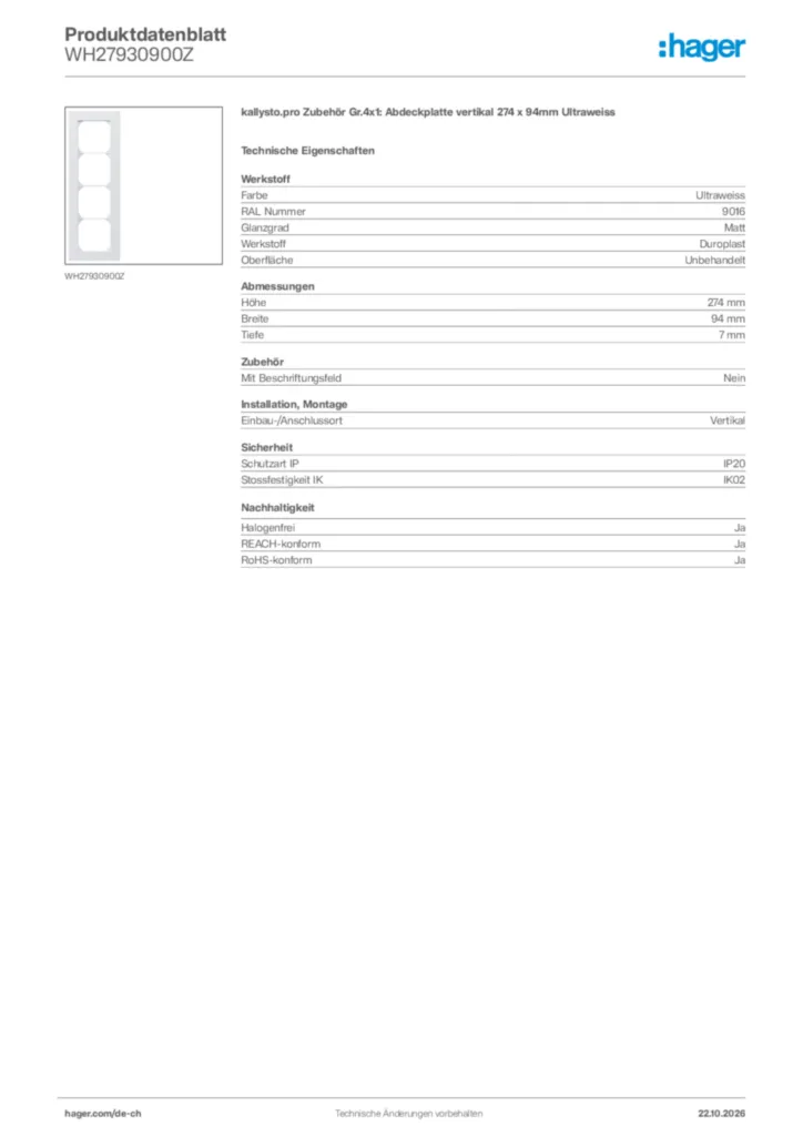 Bild Hager Produktdatenblatt WH27930900Z | Hager Schweiz