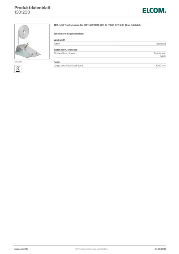 Bild Elcom Produktdatenblatt 1301200 | Hager Deutschland