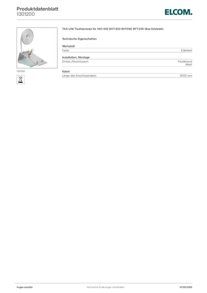 Bild Elcom Produktdatenblatt 1301200 | Hager Deutschland