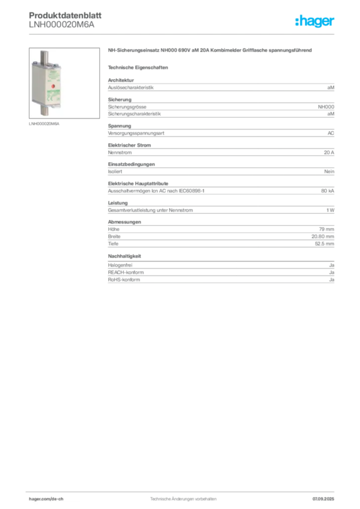 Bild Hager Produktdatenblatt LNH000020M6A | Hager Schweiz