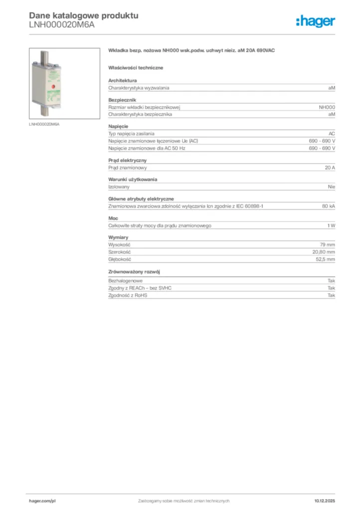 Zdjęcie Hager Dane katalogowe produktu LNH000020M6A | Hager Polska
