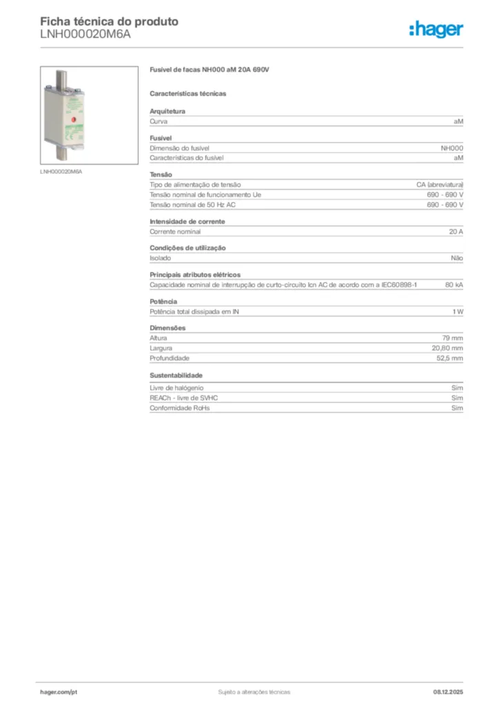 Imagem Hager Ficha técnica do produto LNH000020M6A | Hager Portugal