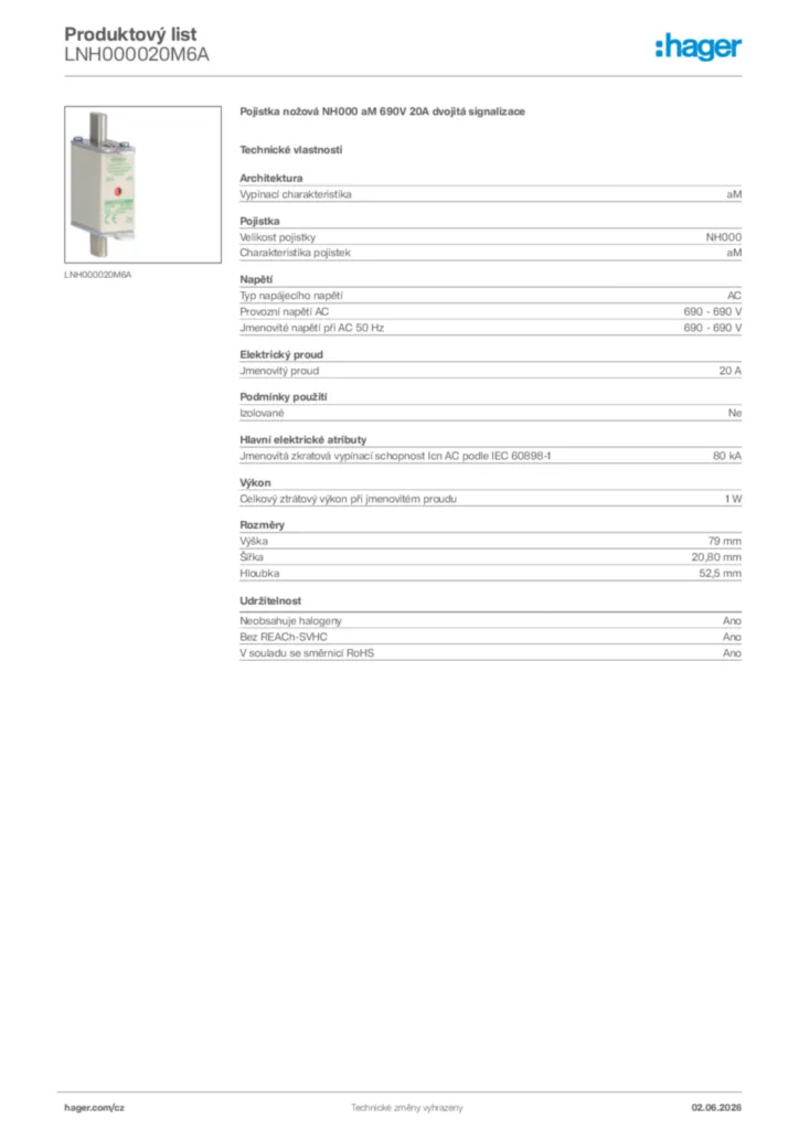 Obrázek Hager Generováno - Datový list produktu LNH000020M6A | Hager