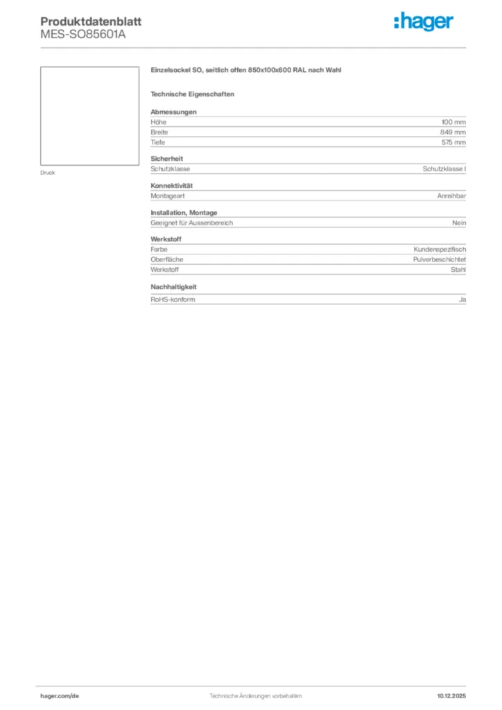 Bild Hager Produktdatenblatt MES-SO85601A | Hager Deutschland
