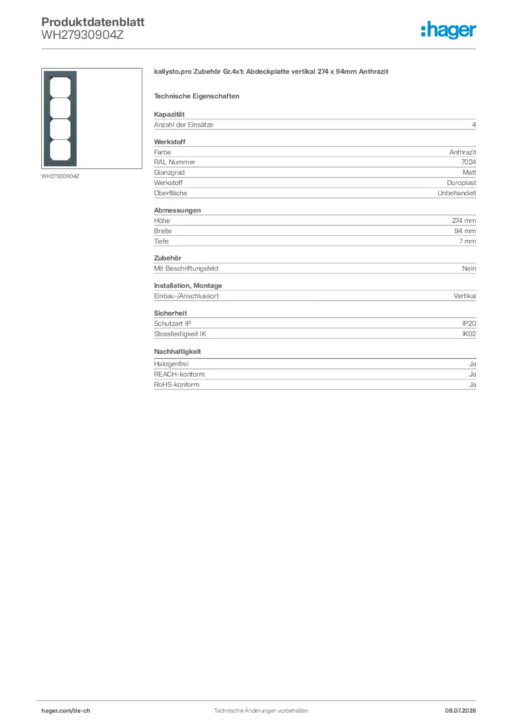 Bild Hager Produktdatenblatt WH27930904Z | Hager Schweiz