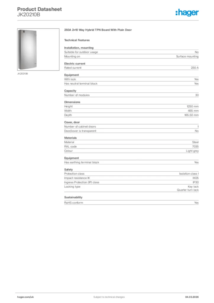 Image Hager Product data sheet JK20210B  | Hager