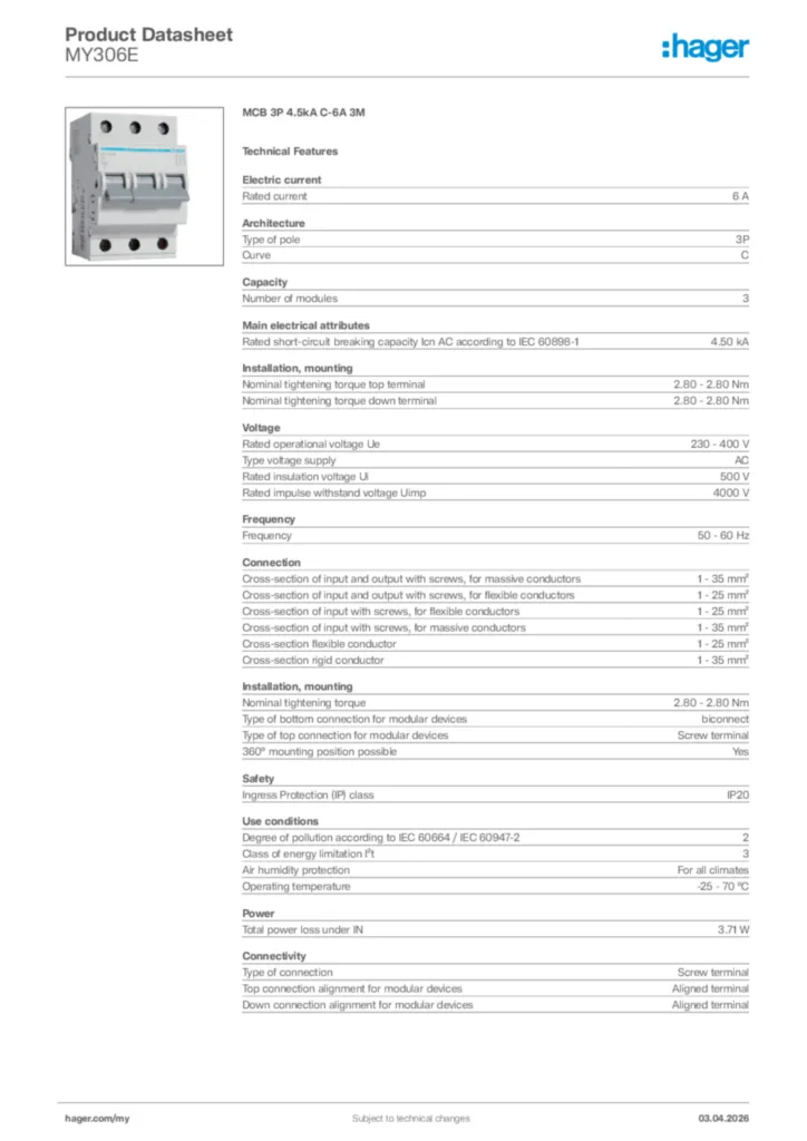 Image Hager Product data sheet MY306E  | Hager
