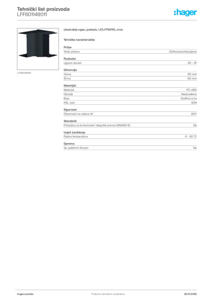 Slika Hager Product data sheet LFF601149011  | Hager