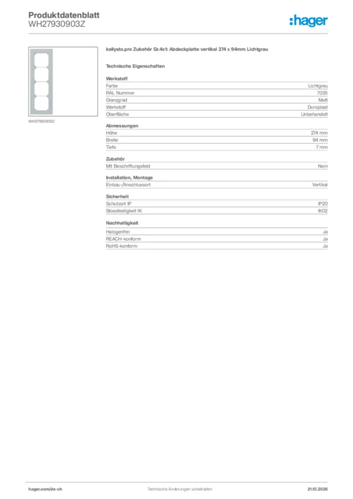 Bild Hager Produktdatenblatt WH27930903Z | Hager Schweiz