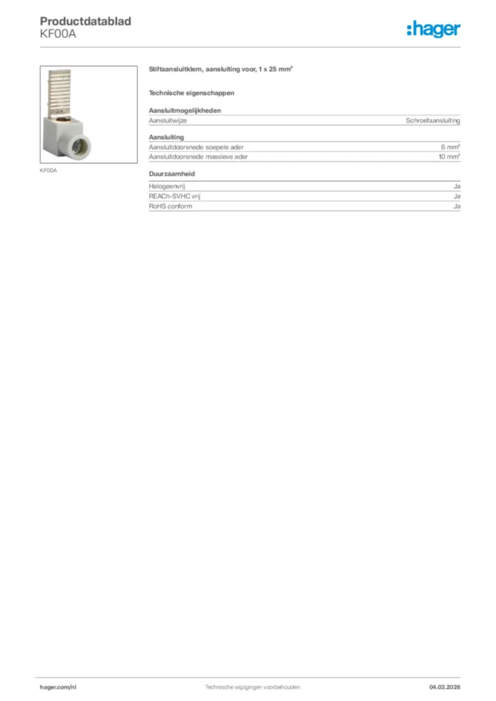 Afbeelding Hager Productdatablad KF00A | Hager Nederland