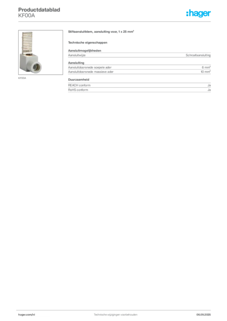 Afbeelding Hager Productdatablad KF00A | Hager Nederland