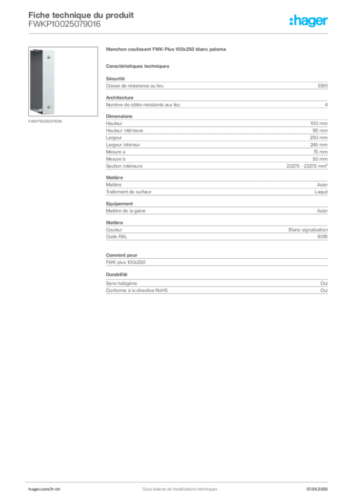 Image Hager Fiche technique du produit FWKP10025079016 | Hager Suisse