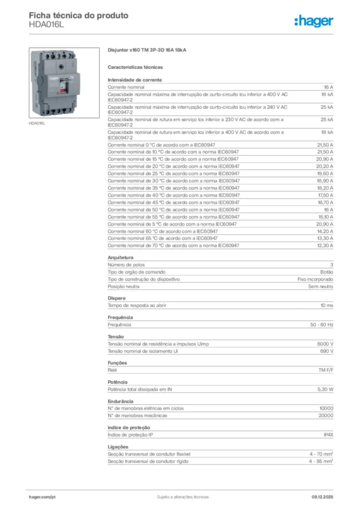 Imagem Hager Ficha técnica do produto HDA016L | Hager Portugal