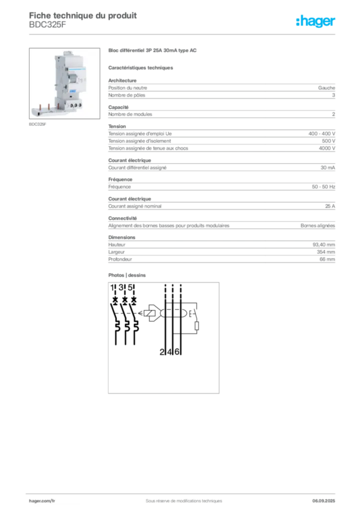 Image Hager Fiche technique du produit BDC325F | Hager France