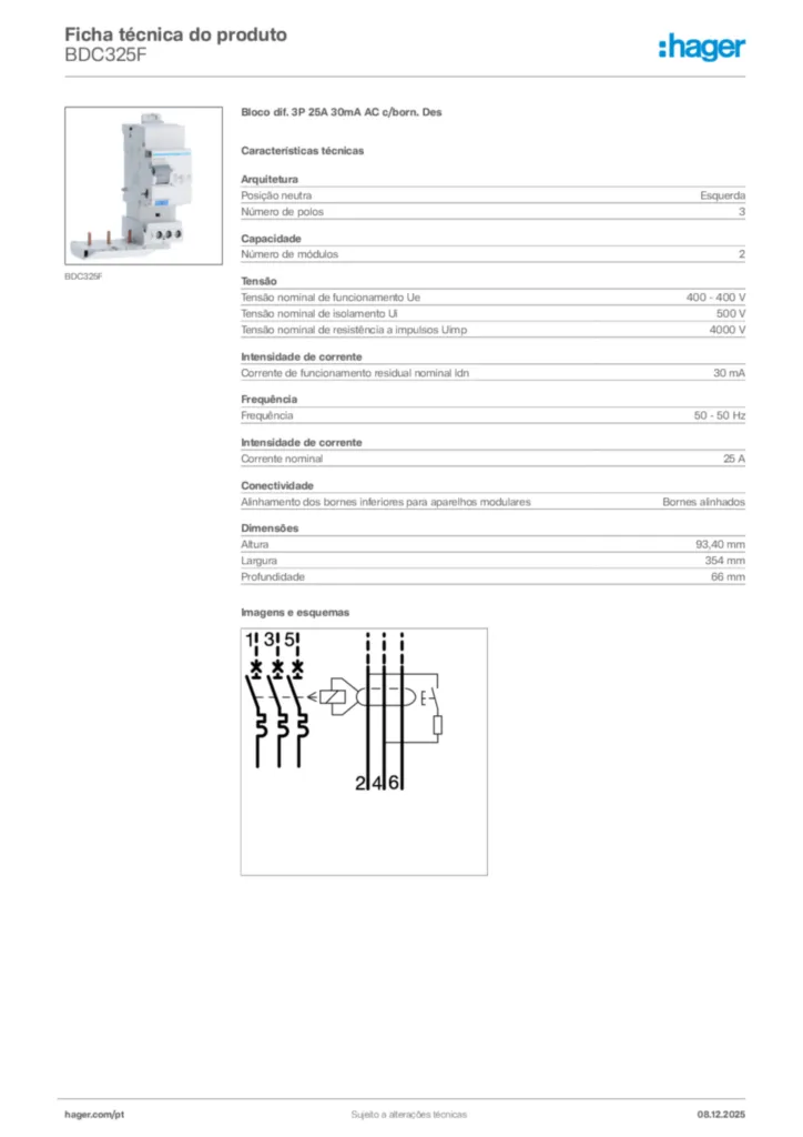 Imagem Hager Ficha técnica do produto BDC325F | Hager Portugal