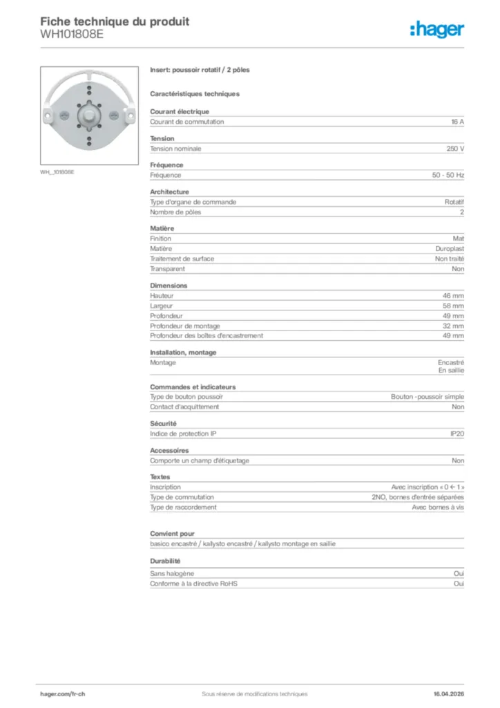 Image Hager Fiche technique du produit WH101808E | Hager Suisse