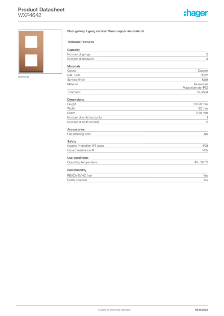 Image Hager Product data sheet WXP4642  | Hager Africa