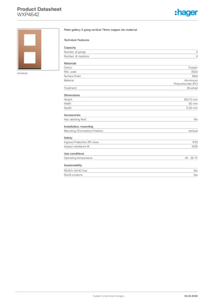 Image Hager Product data sheet WXP4642  | Hager Africa