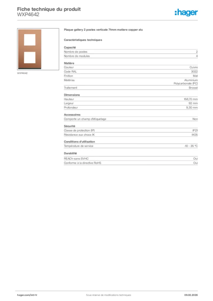 Image Hager Fiche technique du produit WXP4642 | Hager Afrique