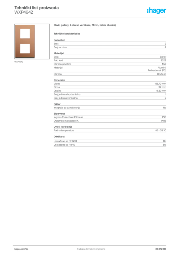 Slika Hager Product data sheet WXP4642  | Hager