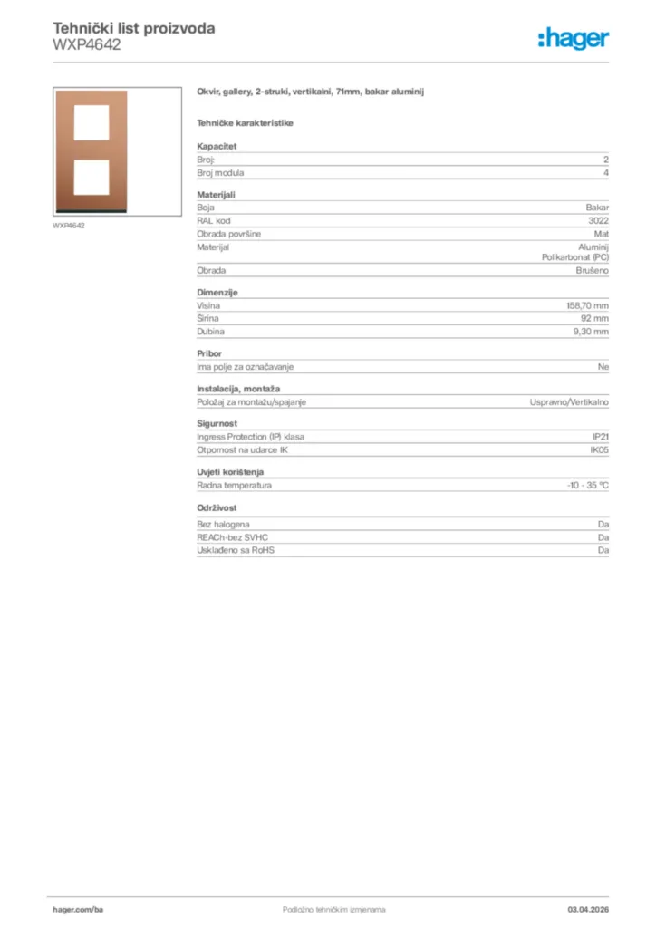Slika Hager Tehnički list proizvoda WXP4642  | Hager