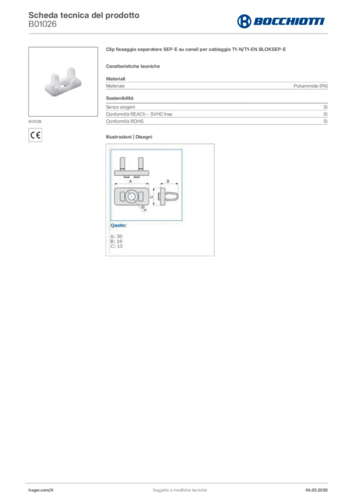 Immagine Bocchiotti Scheda tecnica del prodotto B01026 | Hager Italia