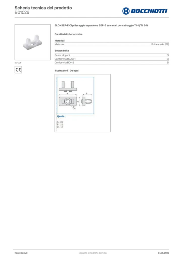 Immagine Bocchiotti Scheda tecnica del prodotto B01026 | Hager Italia