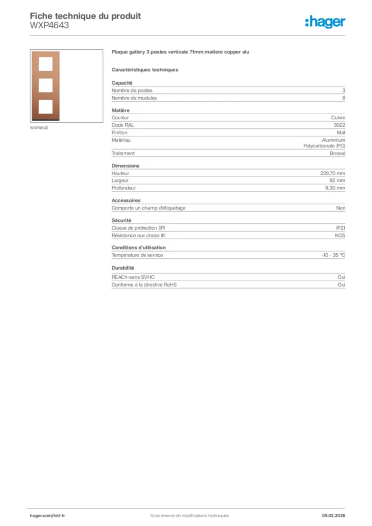 Image Hager Fiche technique du produit WXP4643 | Hager Afrique