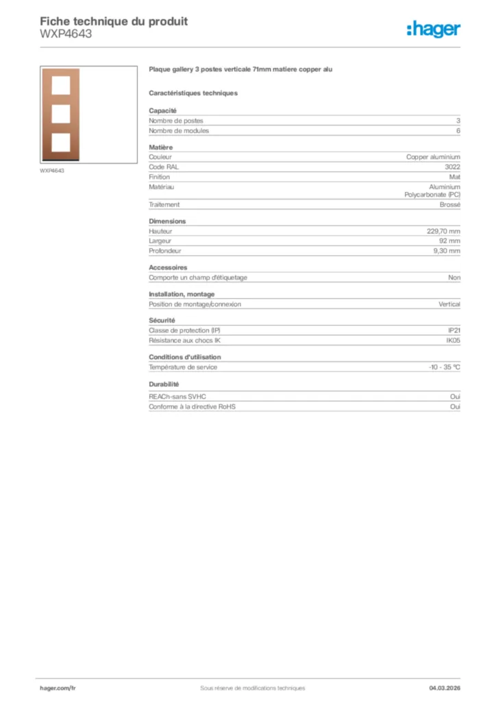 Image Hager Fiche technique du produit WXP4643 | Hager France