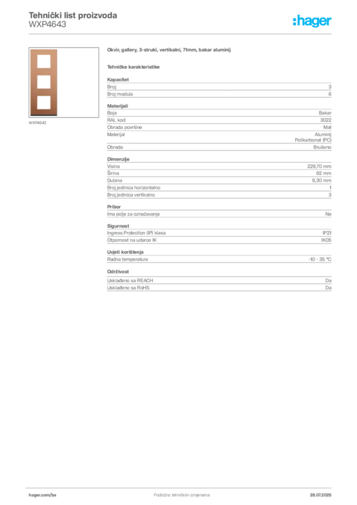 Slika Hager Product data sheet WXP4643  | Hager