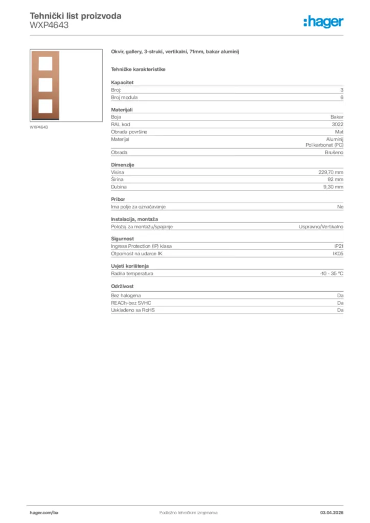 Slika Hager Tehnički list proizvoda WXP4643  | Hager