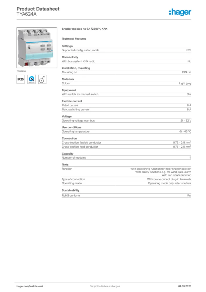 Image Hager Product data sheet TYA624A  | Hager
