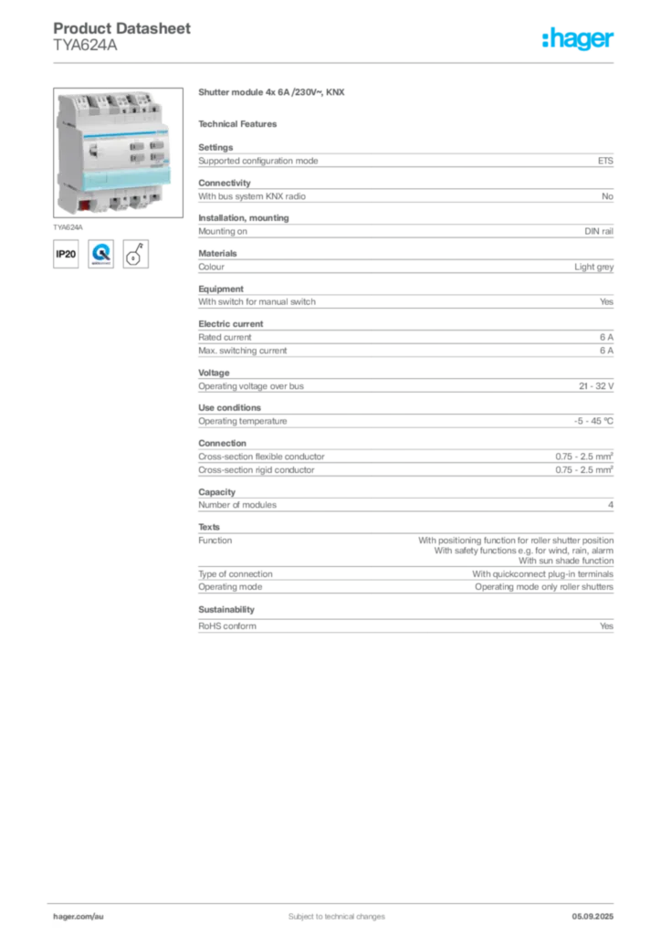 Image Hager Product data sheet TYA624A  | Hager Australia