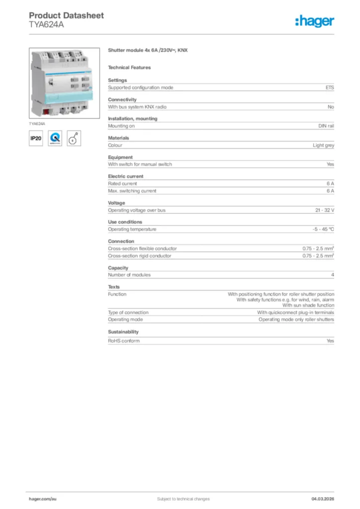 Image Hager Product data sheet TYA624A  | Hager Australia