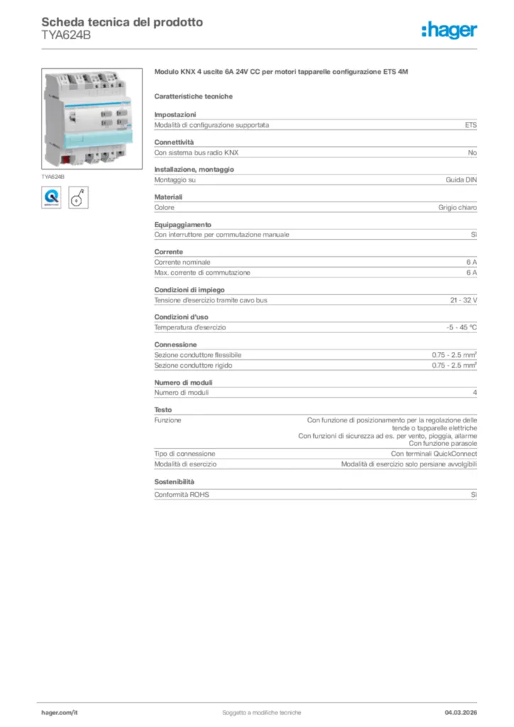 Immagine Hager Scheda tecnica del prodotto TYA624B | Hager Italia