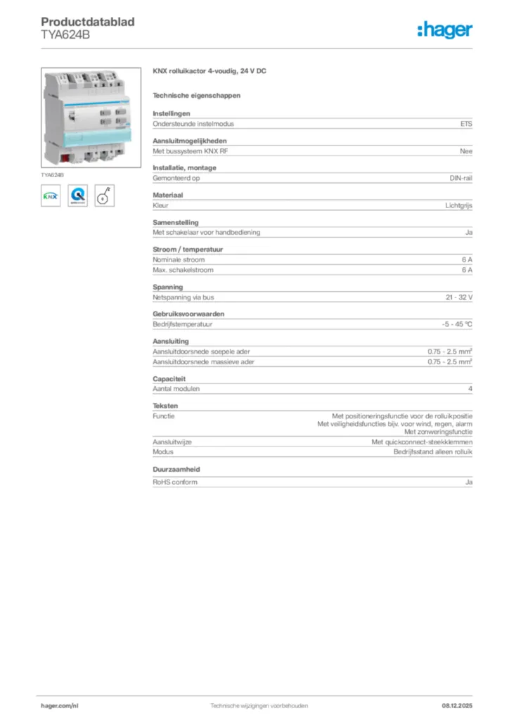 Afbeelding Hager Productdatablad TYA624B | Hager Nederland