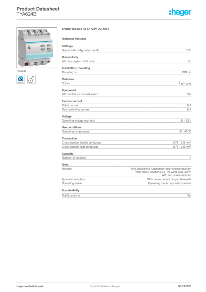 Image Hager Product data sheet TYA624B  | Hager