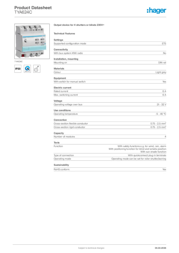 Image Hager Product data sheet TYA624C  | Hager