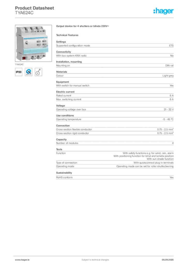 Image Hager Product data sheet TYA624C  | Hager