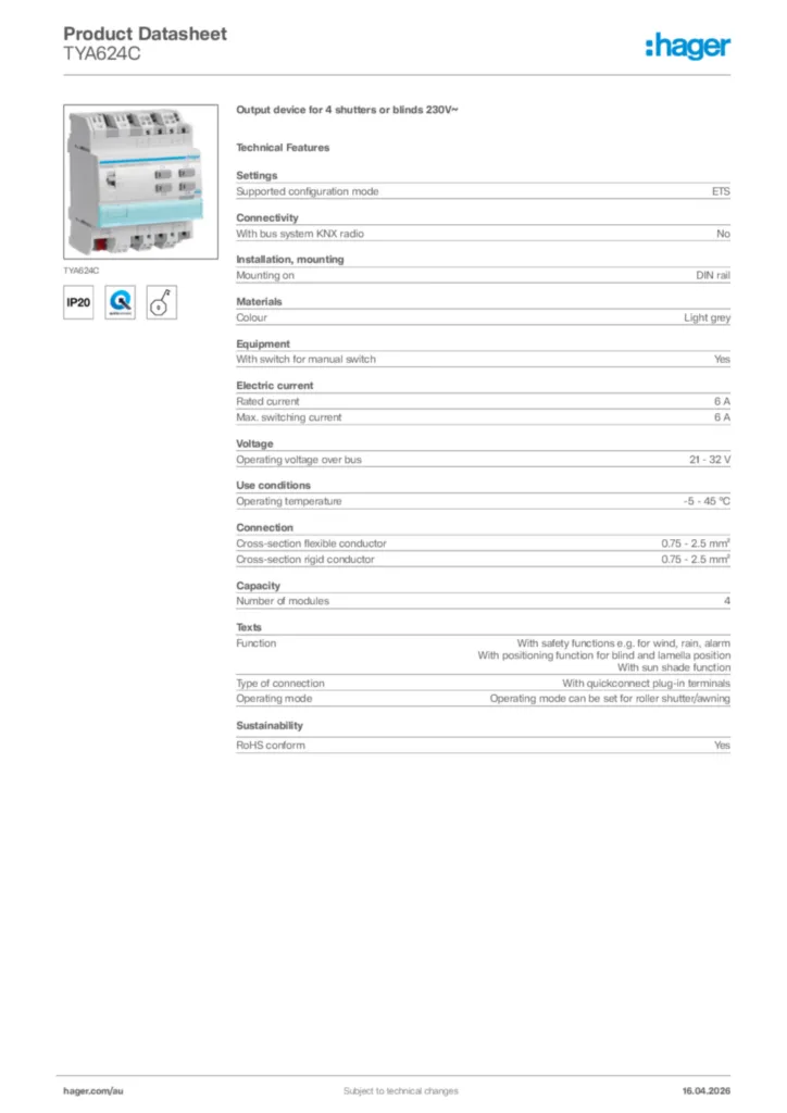 Image Hager Product data sheet TYA624C  | Hager Australia