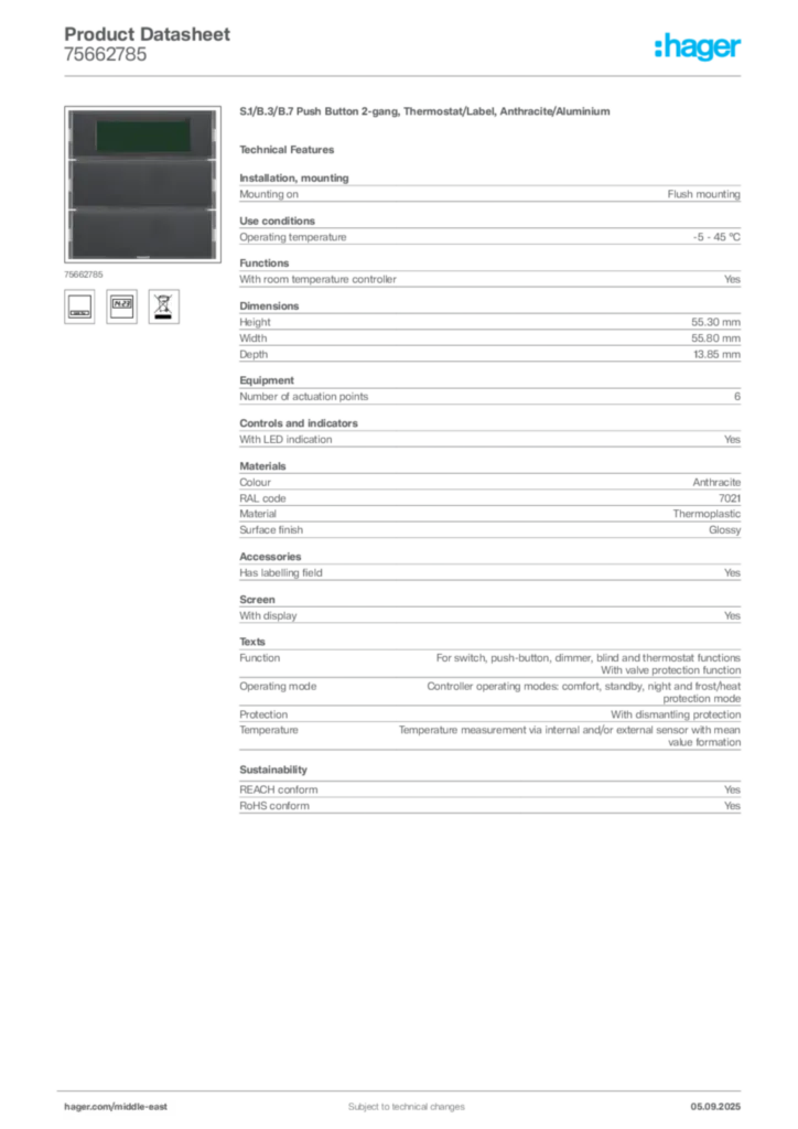 Image Hager Product data sheet 75662785  | Hager