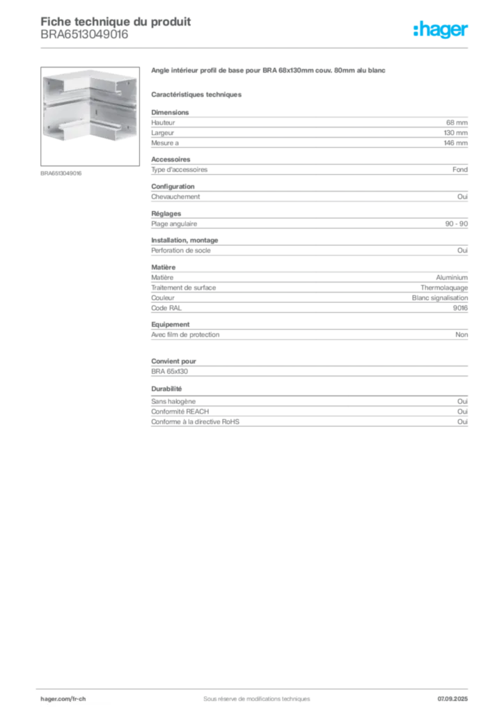 Image Hager Fiche technique du produit BRA6513049016 | Hager Suisse