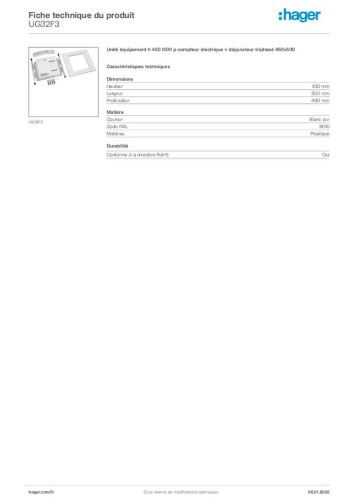 Image Hager Fiche technique du produit UG32F3 | Hager France