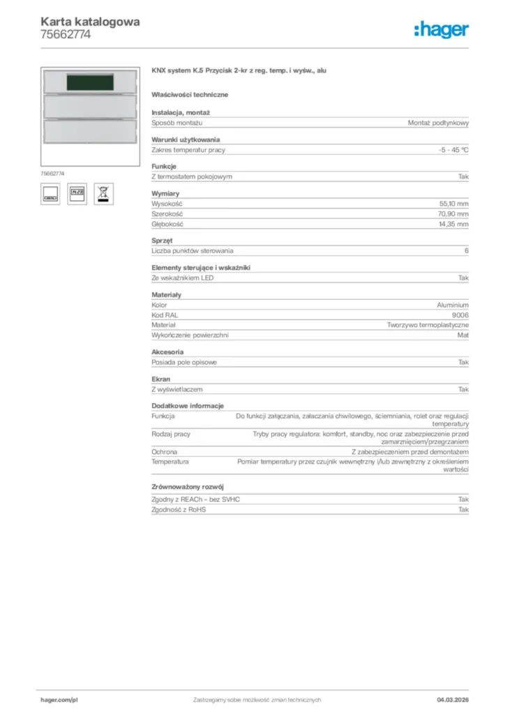 Zdjęcie Hager Karta katalogowa 75662774 | Hager Polska